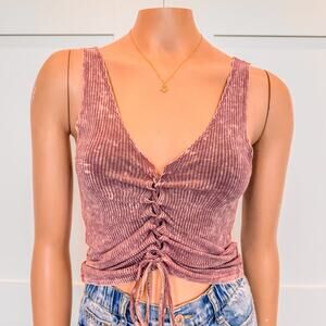 American Eagle Soft and Sexy Acid Wash Ribbed Tie Front Tank, Women’s Size Small